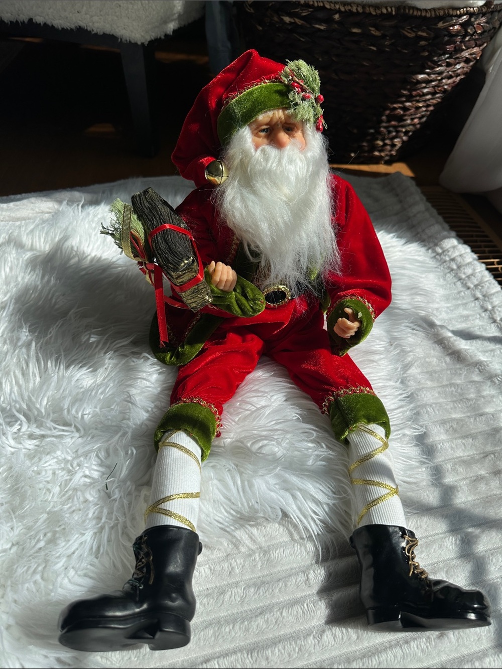 Holiday Santa Posable Figurine in Red and Green - Decorative Christmas Doll